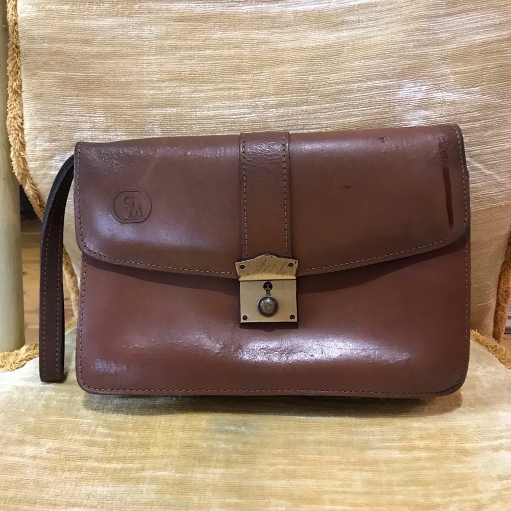 Vintage Clutch Wristlet Bag Brown Leather Unisex Purse with Lock Greece